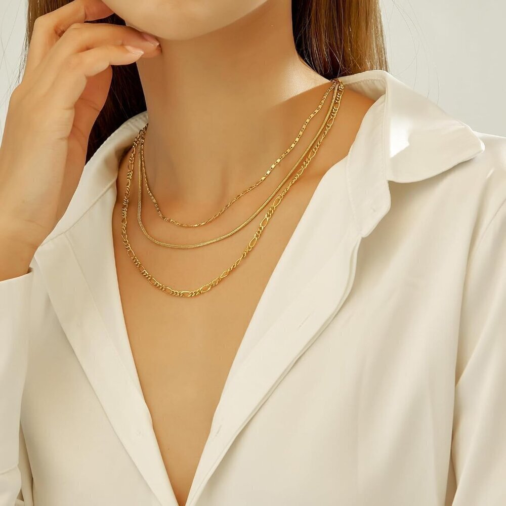 Gold Necklaces Stack 3pcs Brass Dainty Layered Waterproof for Women - Picture 7 of 9